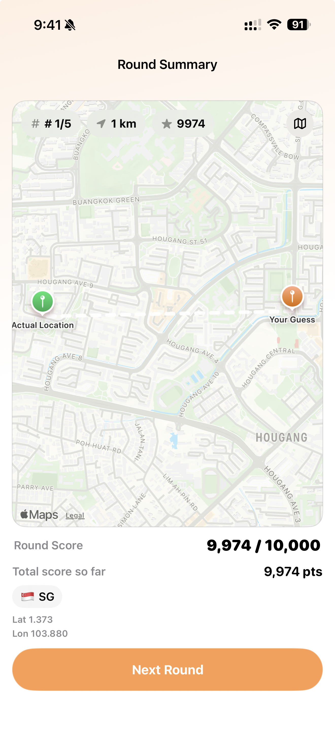Drop a Pin round summary screen